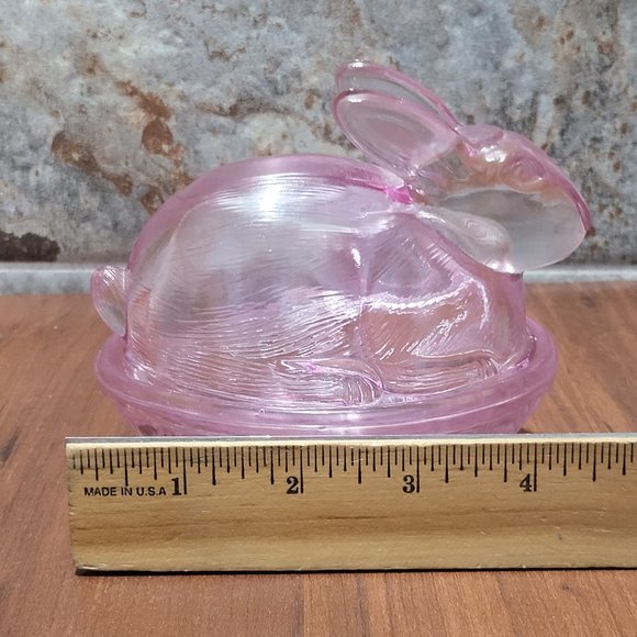 VTG Pink Purple Easter Bunny Rabbit Glass Covered Trinket Oval Candy Dish Transl - Picture 11 of 13